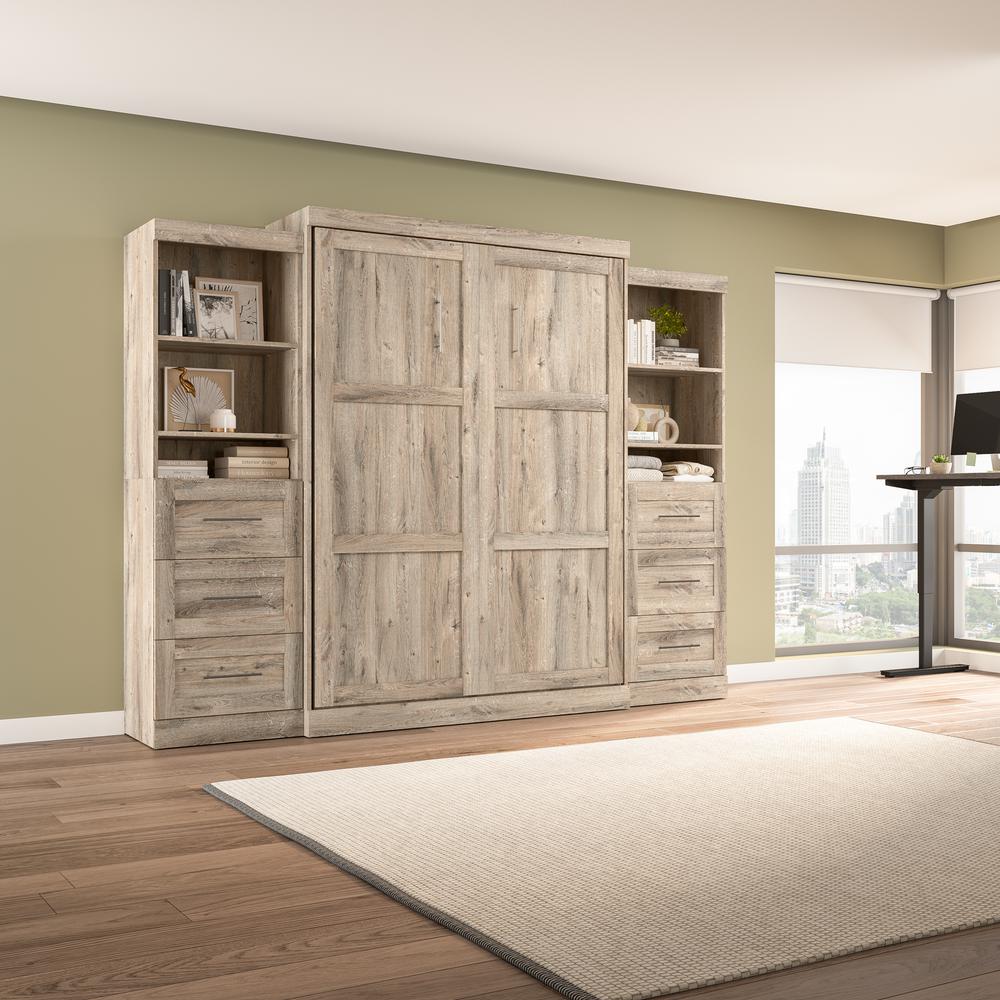 Bestar Pur Queen Murphy Bed and 2 Shelving Units with Drawers, Rustic Brown (115W). Picture 13