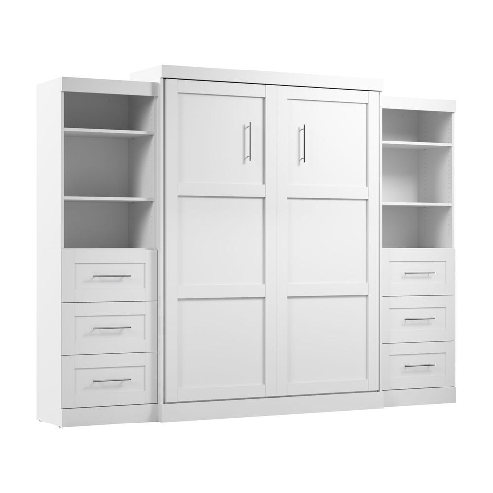 Bestar Pur Queen Murphy Bed and 2 Shelving Units with Drawers (115W) in White. Picture 1