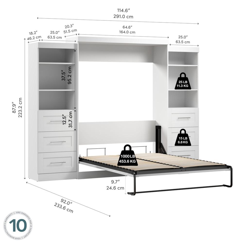 Bestar Pur Queen Murphy Bed and 2 Shelving Units with Drawers (115W) in White. Picture 7