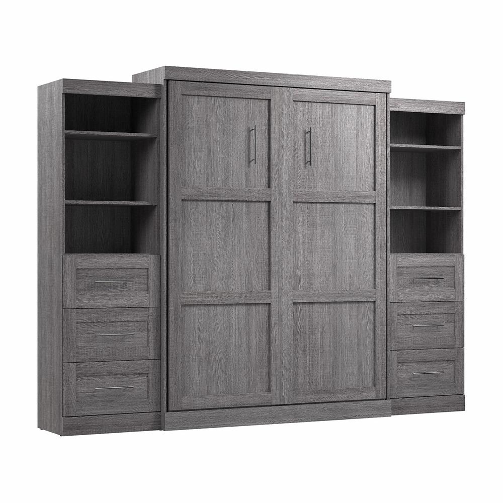 Bestar Pur Queen Murphy Bed and 2 Shelving Units with Drawers (115W) in Bark Grey. Picture 1