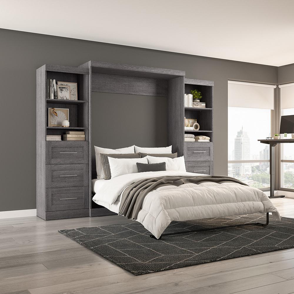 Bestar Pur Queen Murphy Bed and 2 Shelving Units with Drawers (115W) in Bark Grey. Picture 7