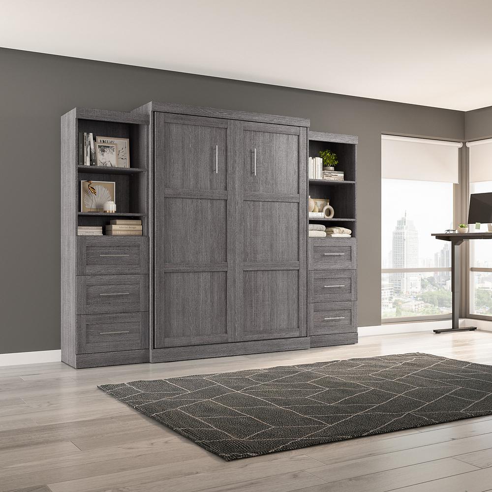 Bestar Pur Queen Murphy Bed and 2 Shelving Units with Drawers (115W) in Bark Grey. Picture 2