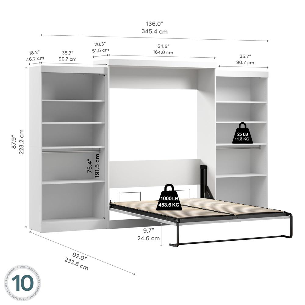 Bestar Pur Queen Murphy Bed with 2 Shelving Units (137W) in White. Picture 7