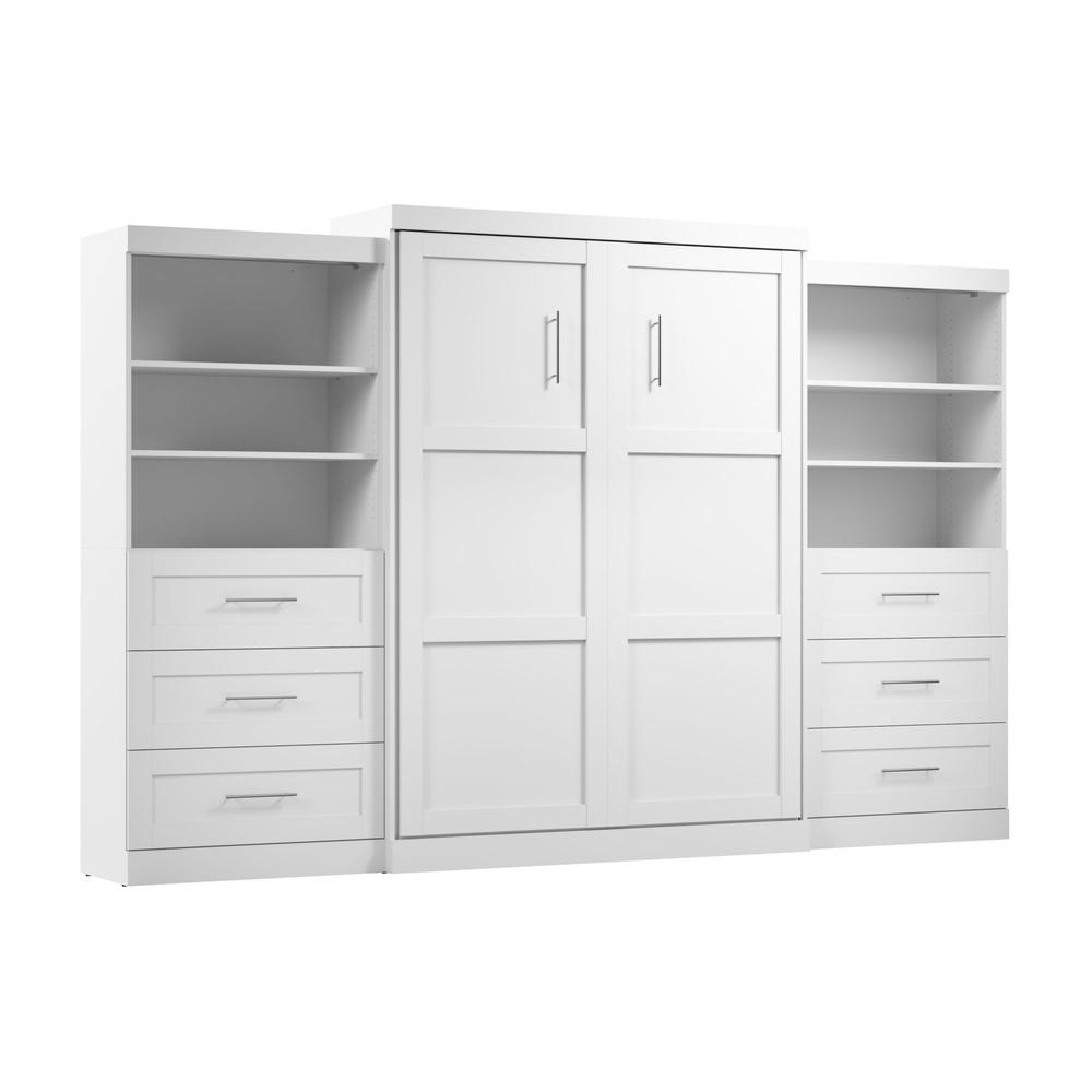Bestar Pur Queen Murphy Bed and 2 Shelving Units with Drawers (136W) in White. Picture 1