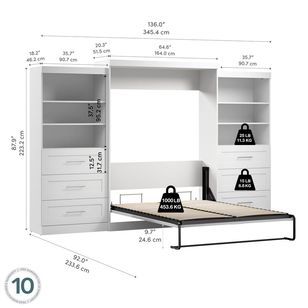 Bestar Pur Queen Murphy Bed and 2 Shelving Units with Drawers (136W) in White. Picture 7