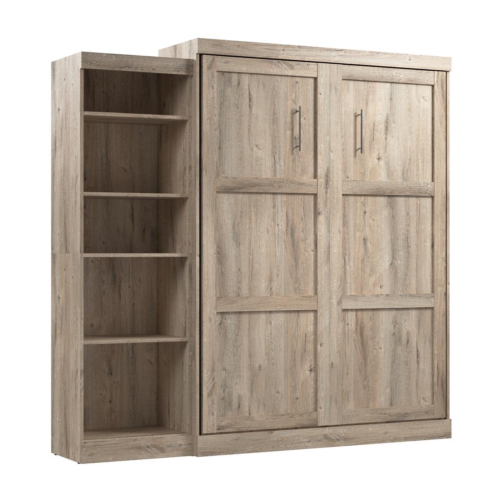 Bestar Pur Queen Murphy Bed with Shelving Unit (90W) in rustic brown. Picture 1