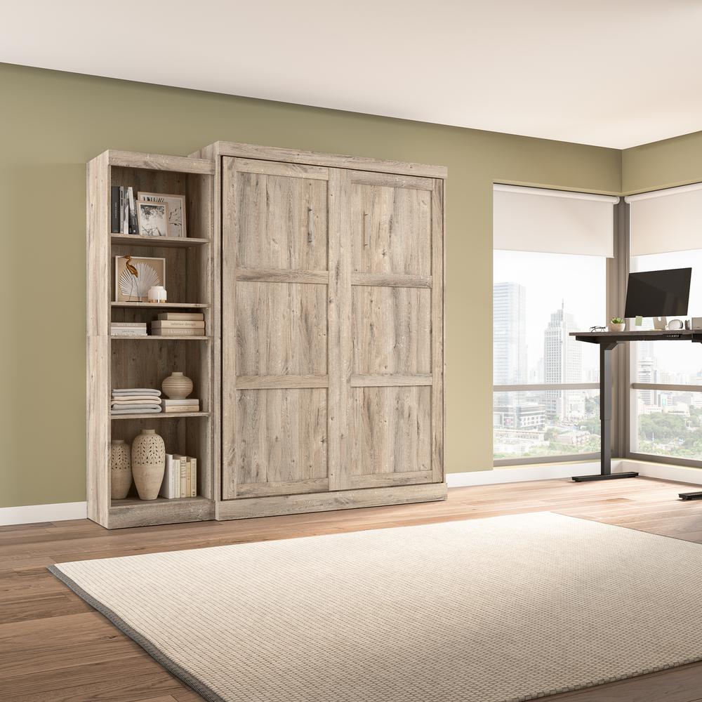 Bestar Pur Queen Murphy Bed with Shelving Unit (90W) in rustic brown. Picture 8