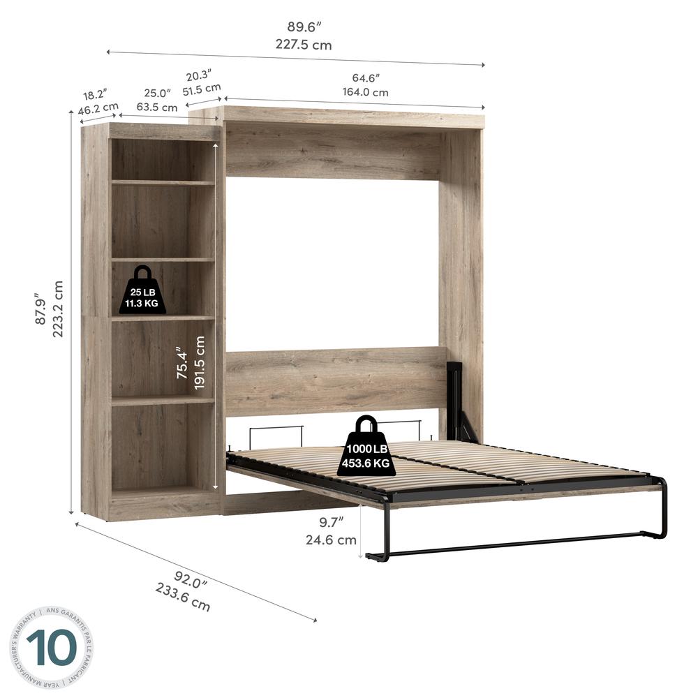 Bestar Pur Queen Murphy Bed with Shelving Unit (90W) in rustic brown. Picture 17