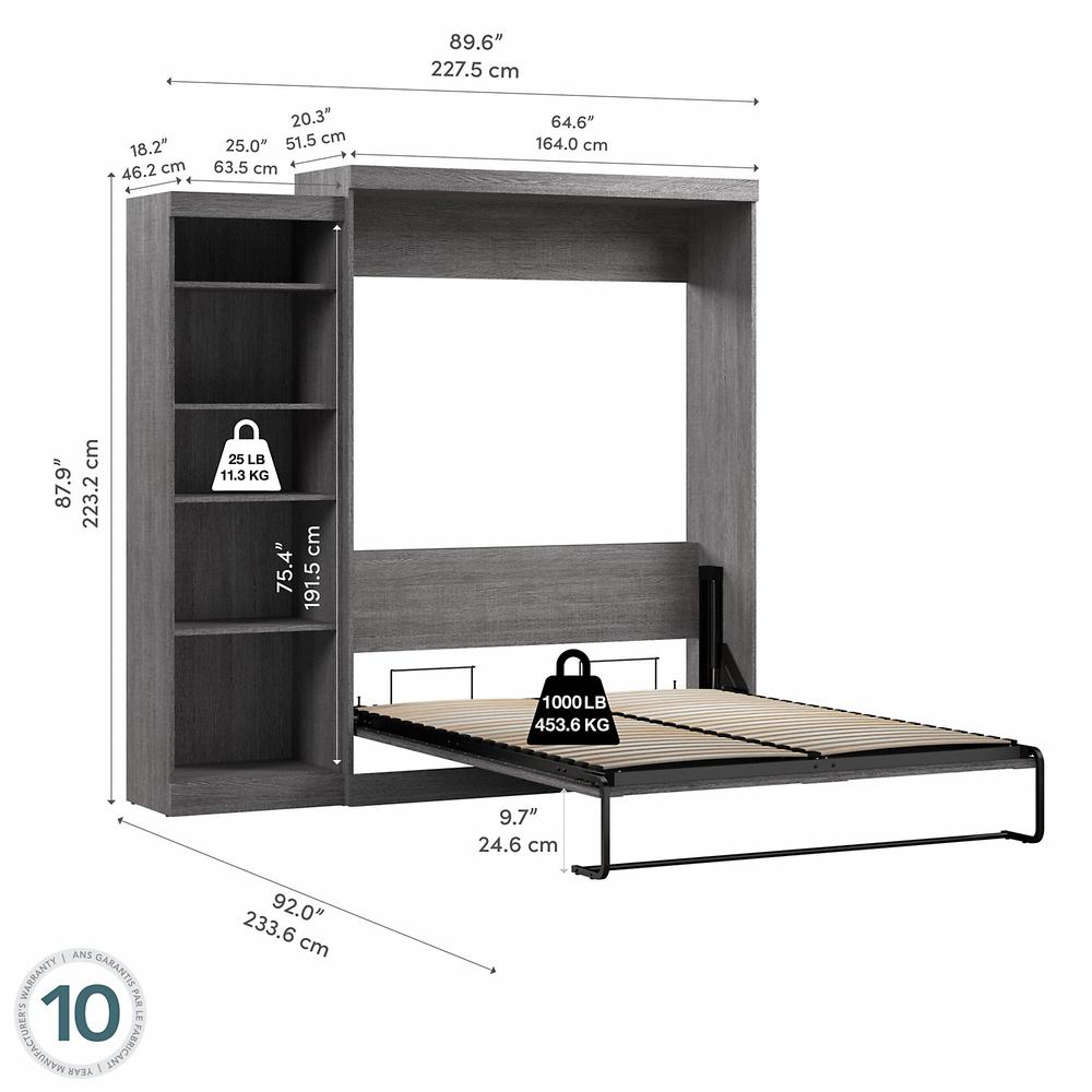 Bestar Pur Queen Murphy Bed with Shelving Unit (90W) in Bark Grey. Picture 4