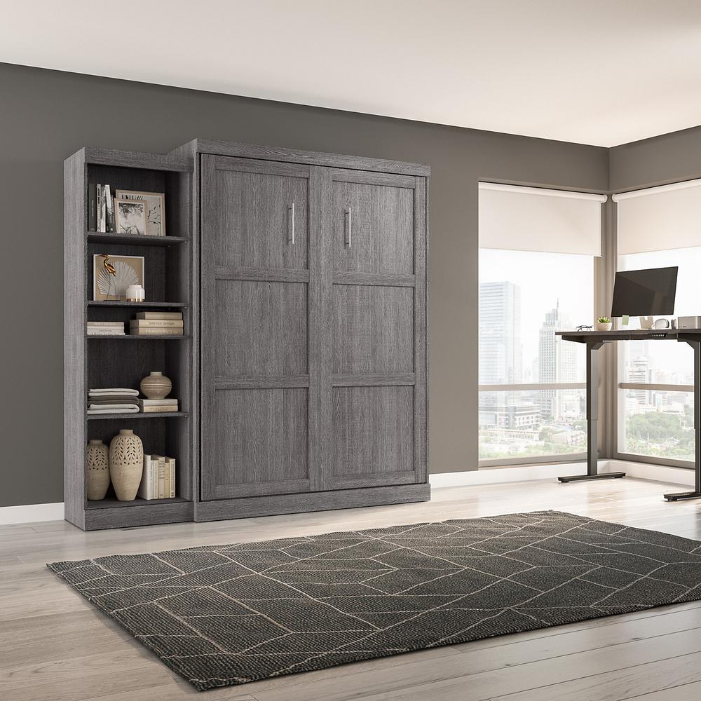 Bestar Pur Queen Murphy Bed with Shelving Unit (90W) in Bark Grey. Picture 7