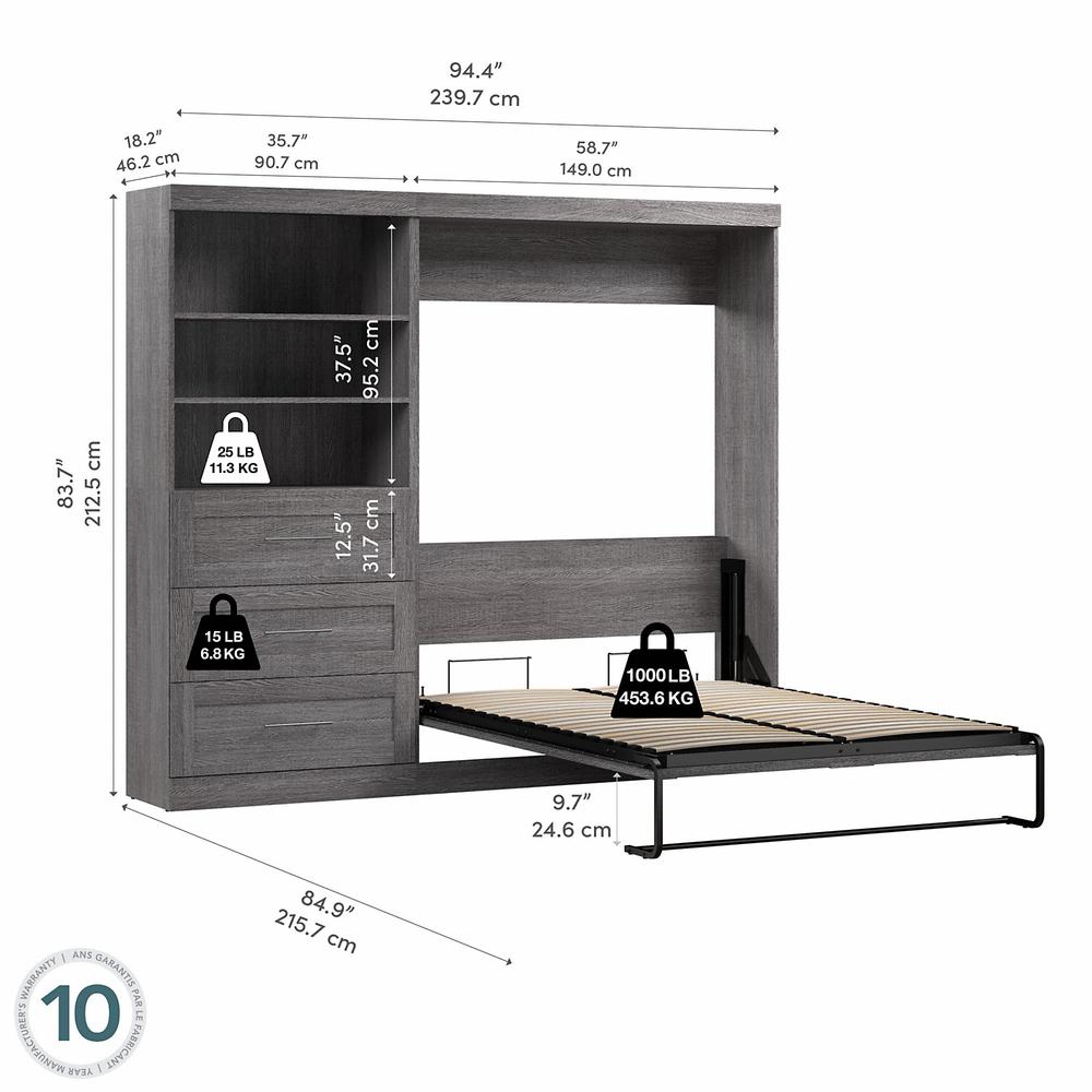Bestar Pur Full Murphy Bed and Shelving Unit with Drawers (95W) in Bark Grey. Picture 6