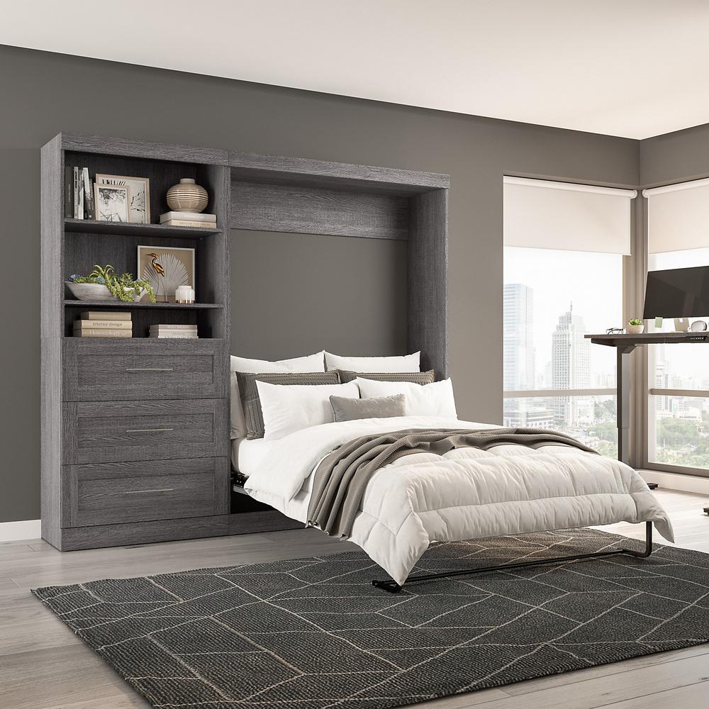 Bestar Pur Full Murphy Bed and Shelving Unit with Drawers (95W) in Bark Grey. Picture 3