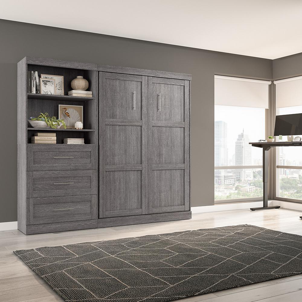 Bestar Pur Full Murphy Bed and Shelving Unit with Drawers (95W) in Bark Grey. Picture 4