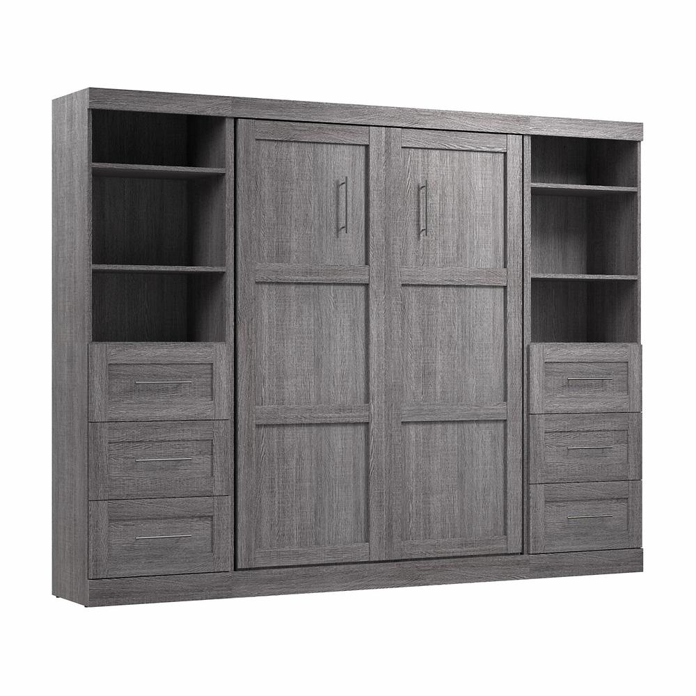 Bestar Pur Full Murphy Bed and 2 Shelving Units with Drawers (109W) in Bark Grey. Picture 1