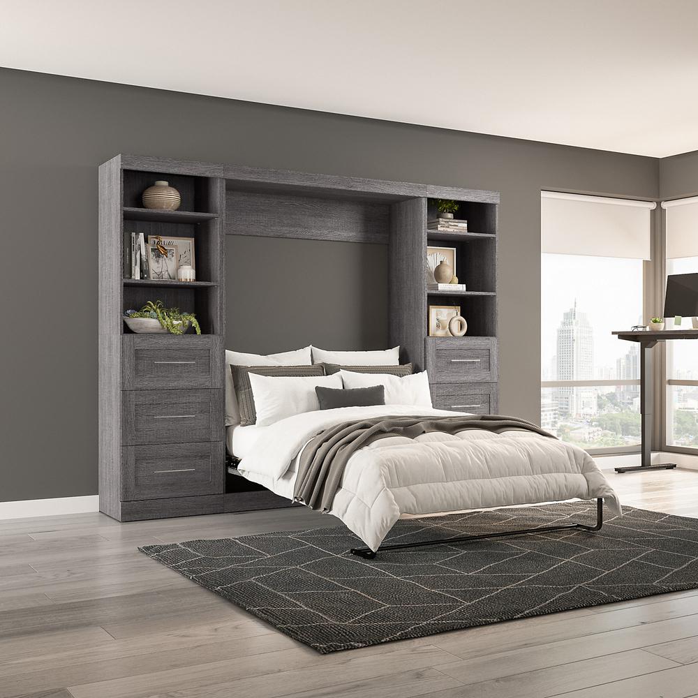 Bestar Pur Full Murphy Bed and 2 Shelving Units with Drawers (109W) in Bark Grey. Picture 6