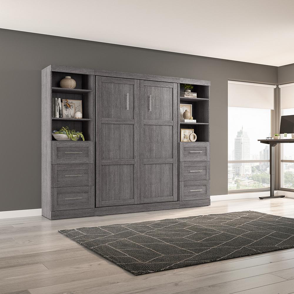 Bestar Pur Full Murphy Bed and 2 Shelving Units with Drawers (109W) in Bark Grey. Picture 7