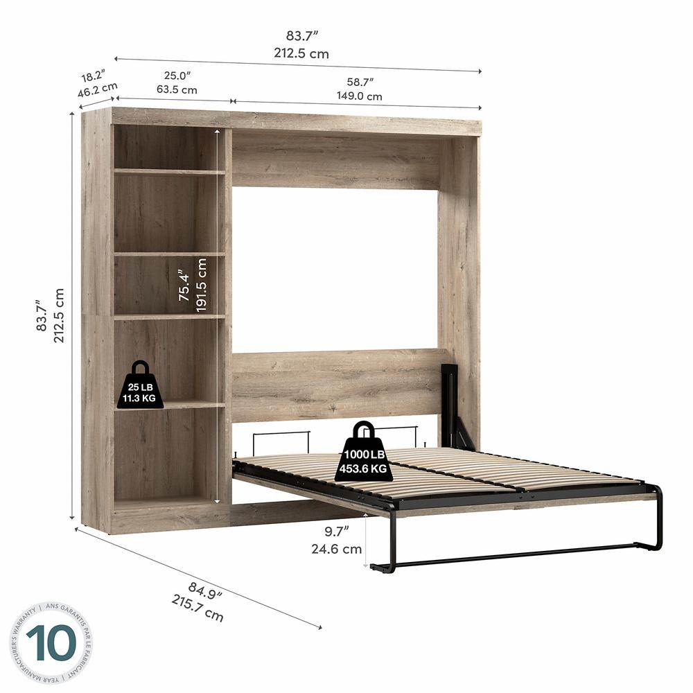 Pur Full Murphy Bed with Shelving Unit (84W) in rustic brown. Picture 4