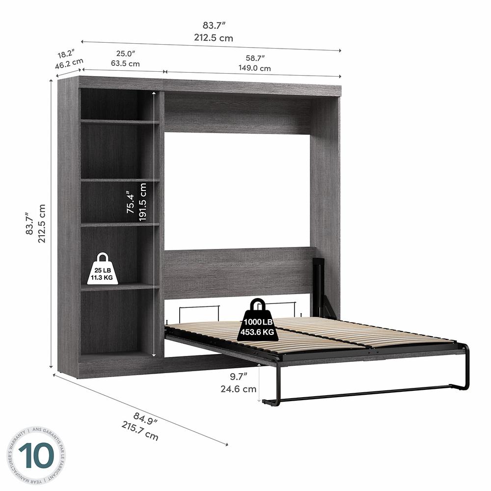 Bestar Pur Full Murphy Bed with Shelving Unit (84W) in Bark Grey. Picture 6