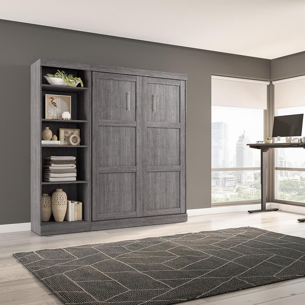 Bestar Pur Full Murphy Bed with Shelving Unit (84W) in Bark Grey. Picture 4