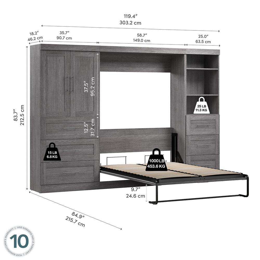 Bestar Pur Full Murphy Bed with Open and Concealed Storage (120W) in Bark Grey. Picture 4