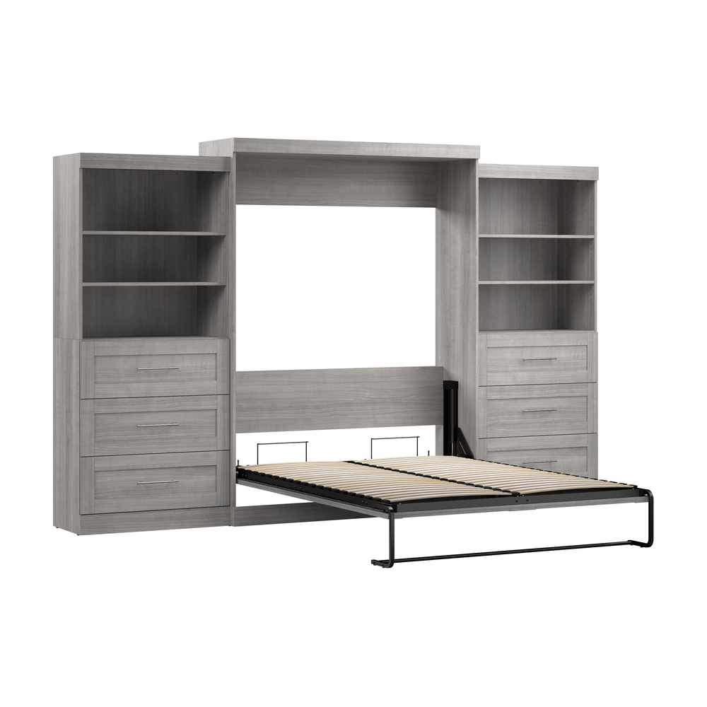 Pur Queen Murphy Bed and 2 Shelving Units with Drawers (136W) in Platinum Gray. Picture 5