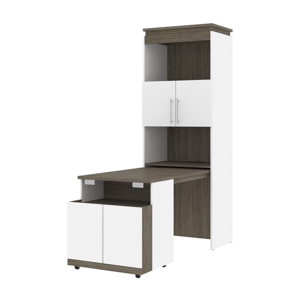 Bestar Orion 30W Shelving Unit with Fold-Out Desk in white & walnut grey. Picture 7
