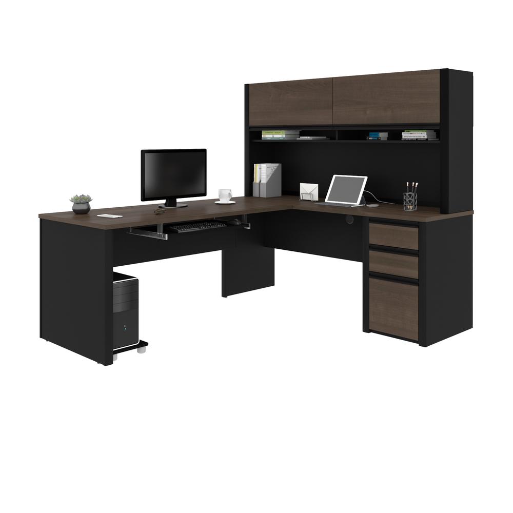 Connexion L-shaped workstation with hutch in Antigua & Black. Picture 1