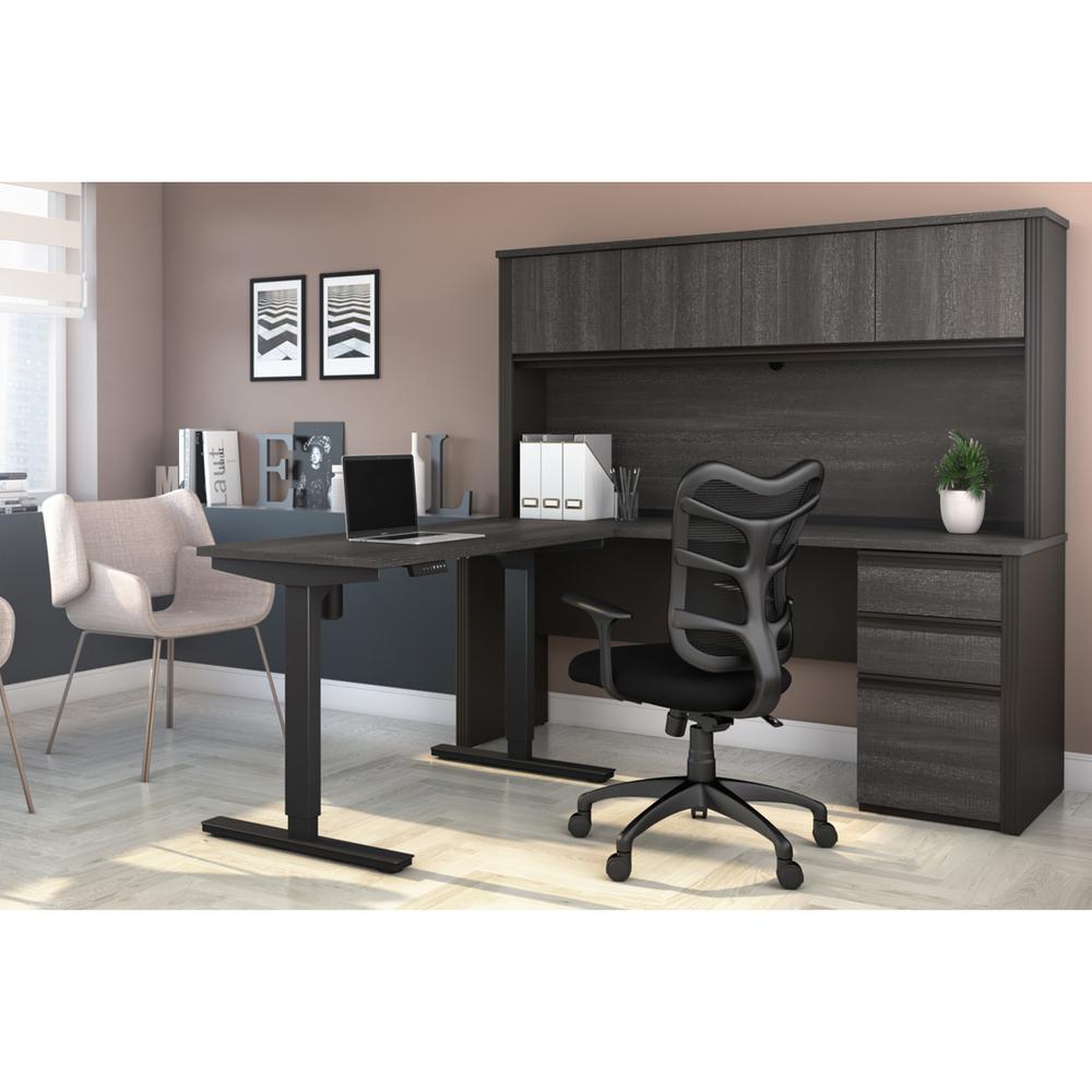 Prestige + Height Adjustable L-Desk with Hutch in Bark Gray & Slate. Picture 3