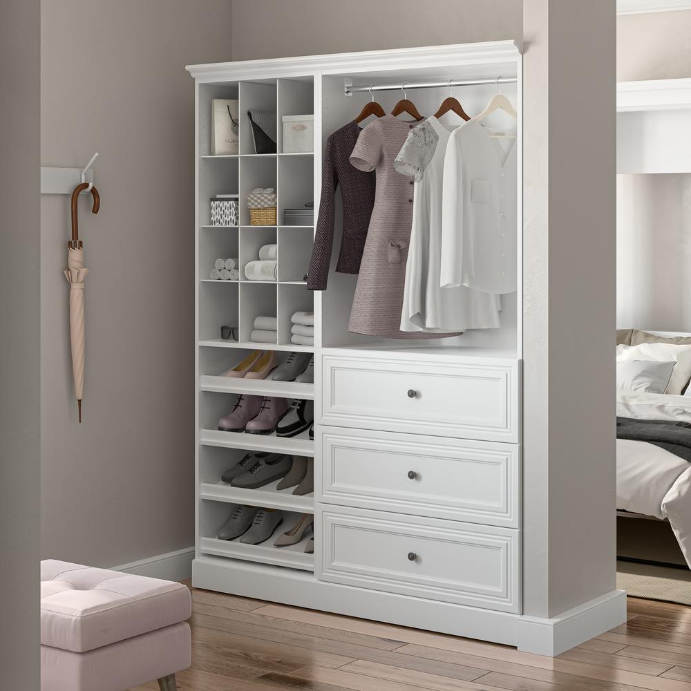Versatile 61W Closet Organizer System with Drawers in White. Picture 14