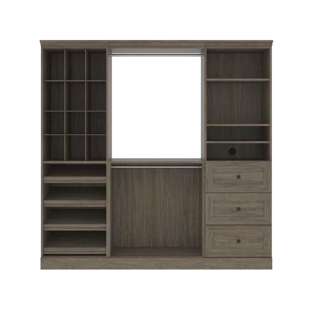 Versatile 86W Closet Organization System with Drawers in Walnut Gray. Picture 1
