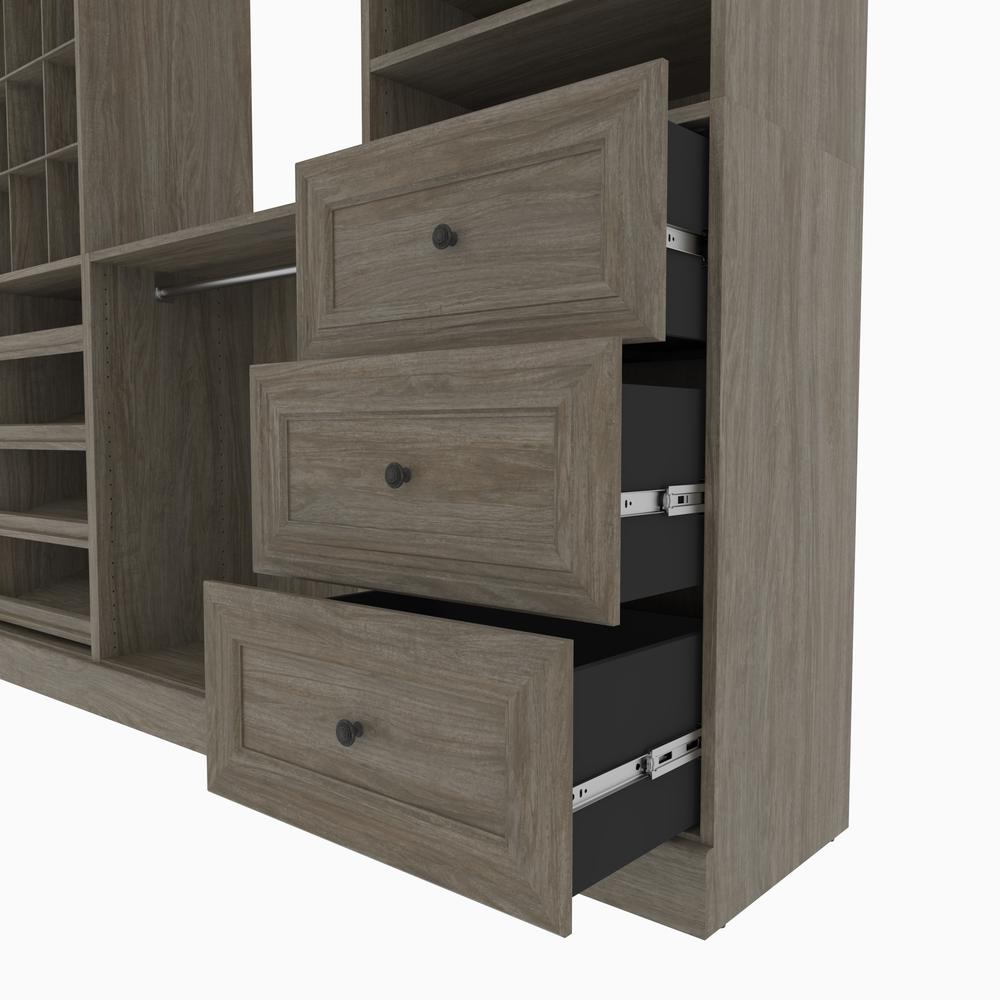 Versatile 86W Closet Organization System with Drawers in Walnut Gray. Picture 7