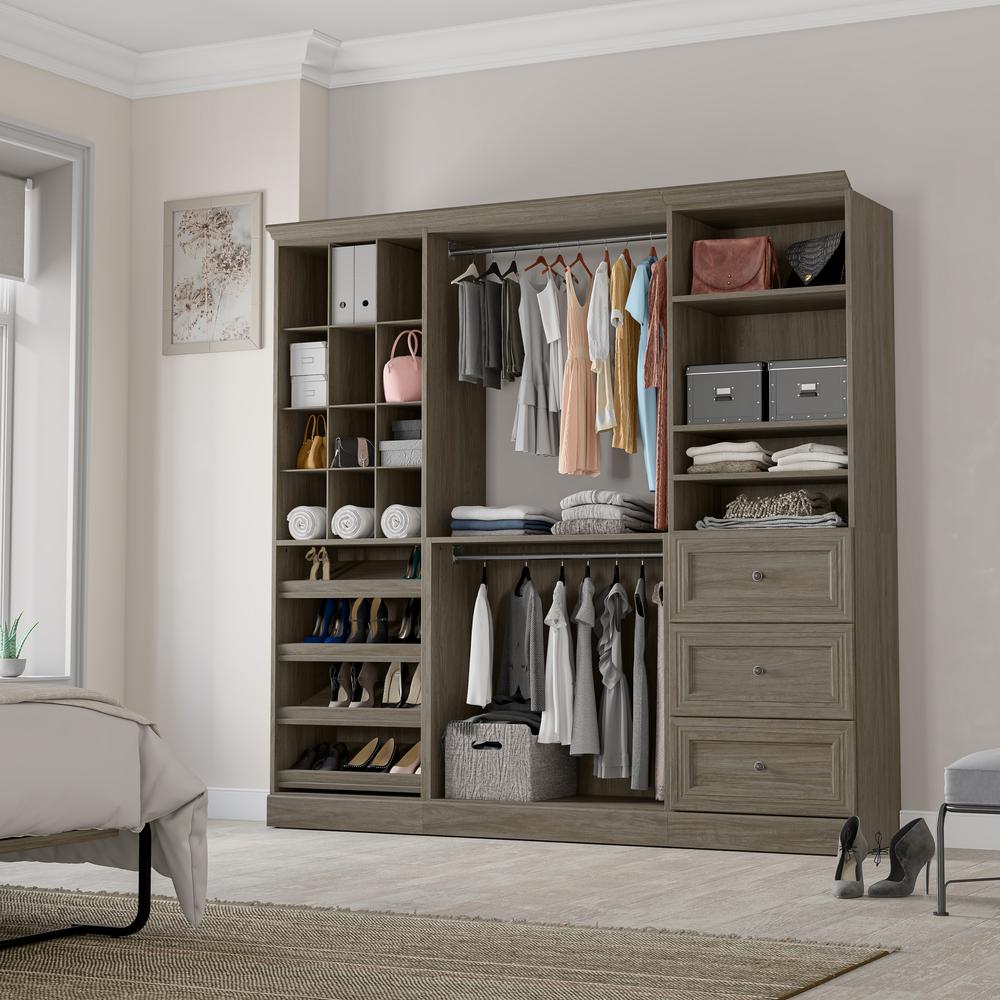 Versatile 86W Closet Organization System with Drawers in Walnut Gray. Picture 14