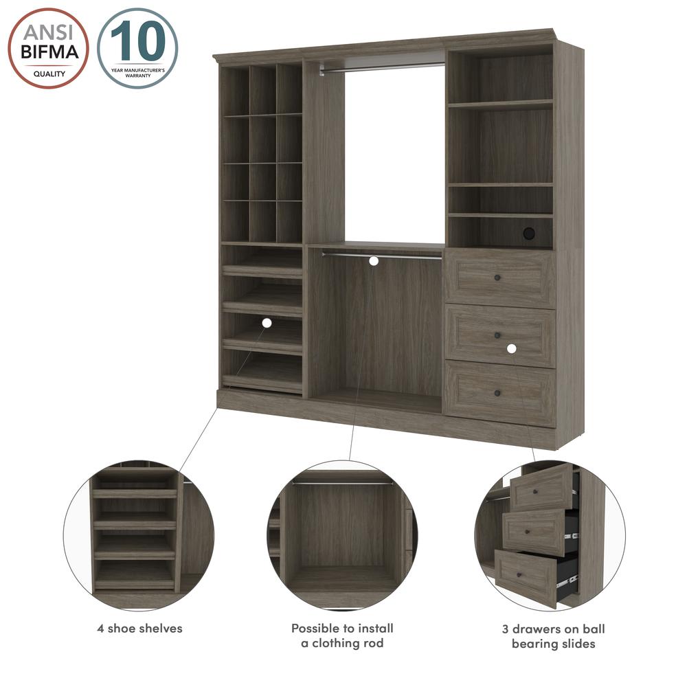 Versatile 86W Closet Organization System with Drawers in Walnut Gray. Picture 12