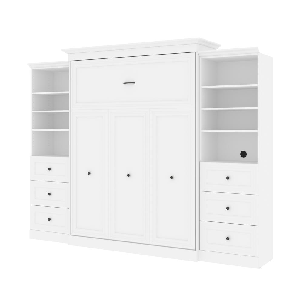Versatile Queen Murphy Bed and 2 Closet Organizers with Drawers (115W) in White. Picture 2