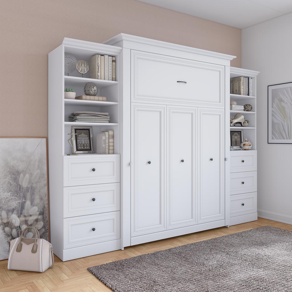Versatile Queen Murphy Bed and 2 Closet Organizers with Drawers (115W) in White. Picture 28