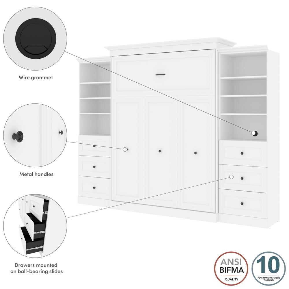 Versatile Queen Murphy Bed and 2 Closet Organizers with Drawers (115W) in White. Picture 9