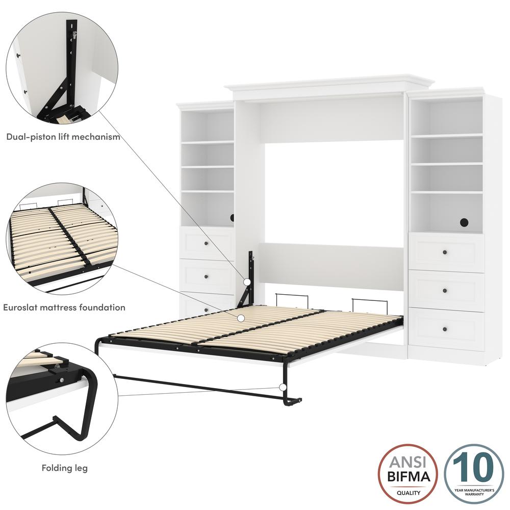 Versatile Queen Murphy Bed and 2 Closet Organizers with Drawers (115W) in White. Picture 10