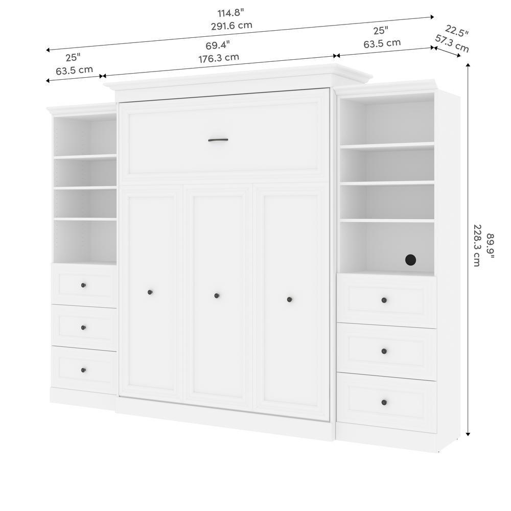 Versatile Queen Murphy Bed and 2 Closet Organizers with Drawers (115W) in White. Picture 11