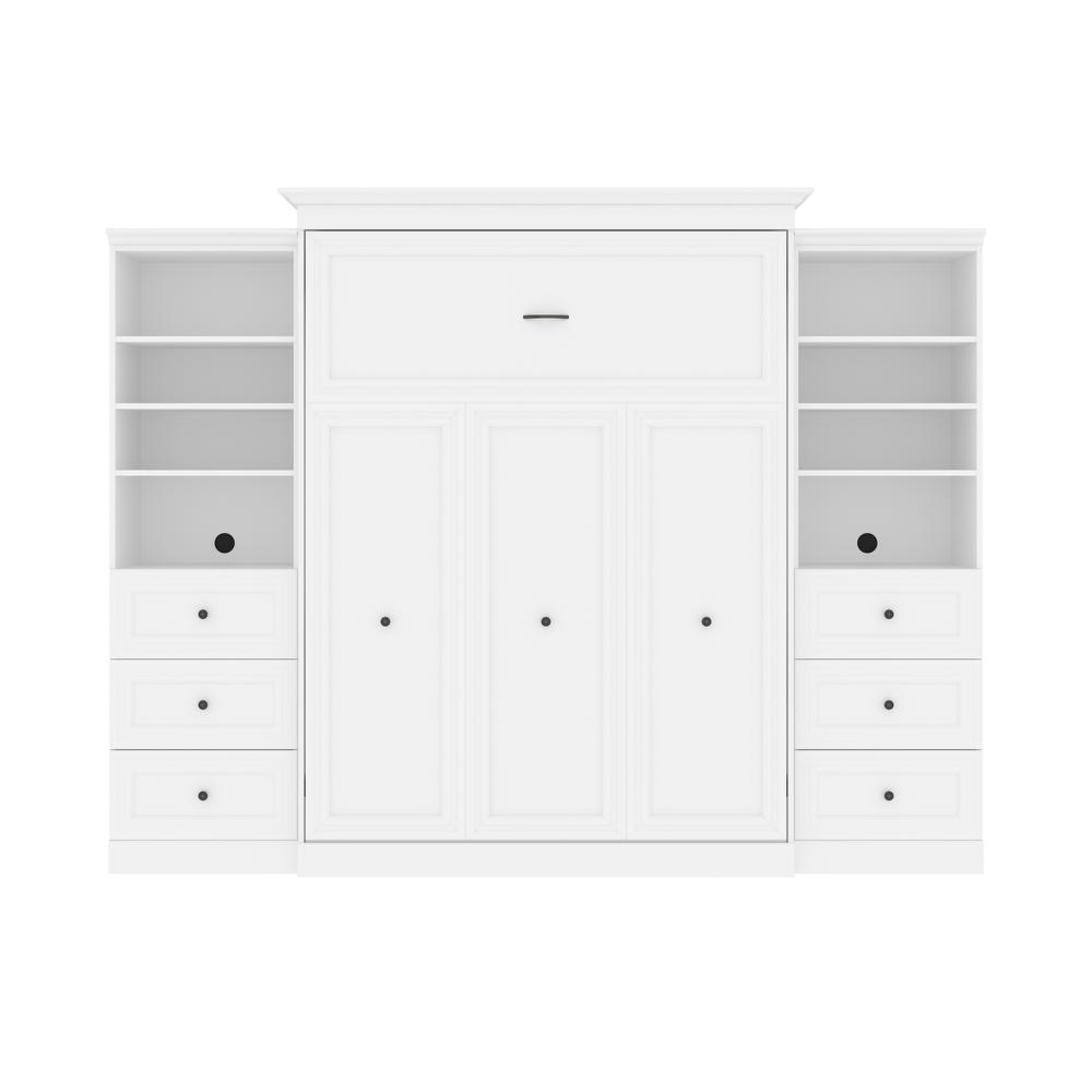 Versatile Queen Murphy Bed and 2 Closet Organizers with Drawers (115W) in White. Picture 1