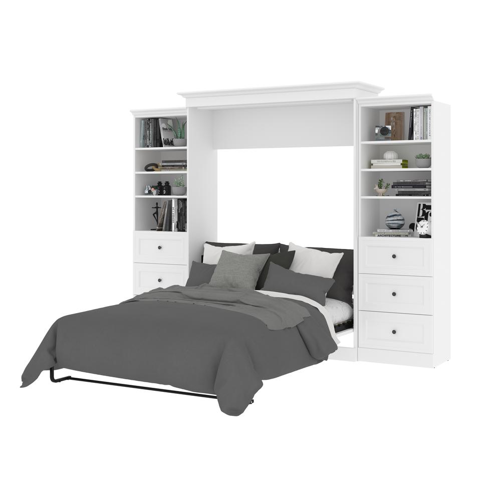 Versatile Queen Murphy Bed and 2 Closet Organizers with Drawers (115W) in White. Picture 24