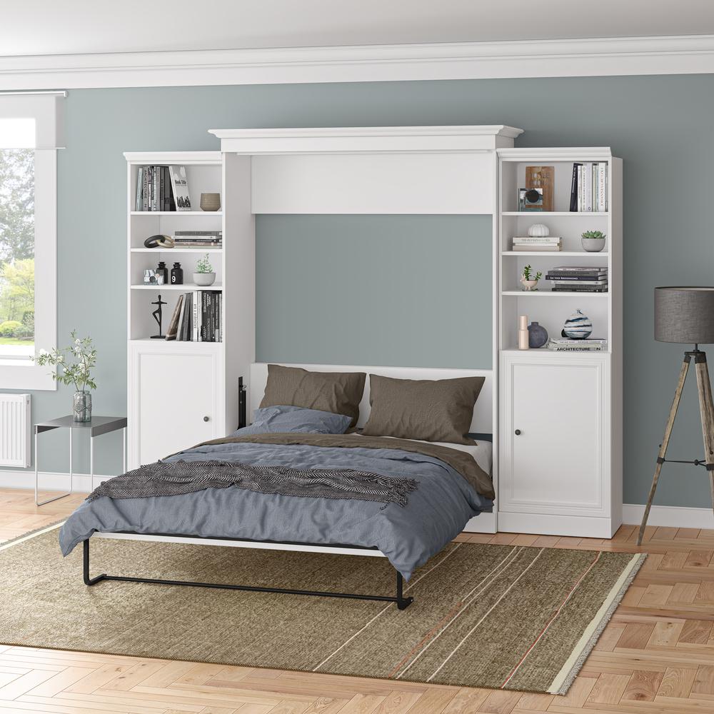 Versatile Queen Murphy Bed and 2 Closet Organizers with Doors (115W) in White. Picture 28