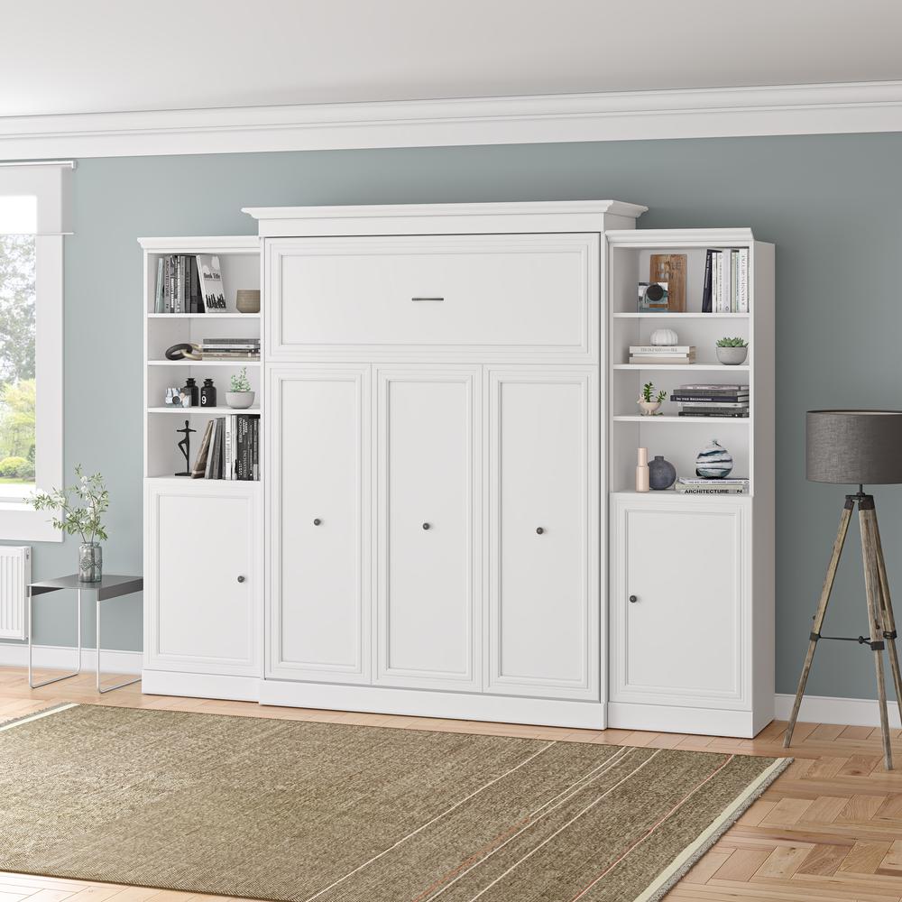 Versatile Queen Murphy Bed and 2 Closet Organizers with Doors (115W) in White. Picture 27