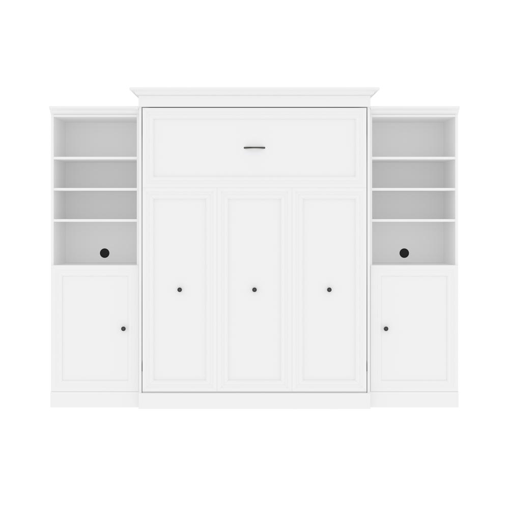 Versatile Queen Murphy Bed and 2 Closet Organizers with Doors (115W) in White. Picture 1