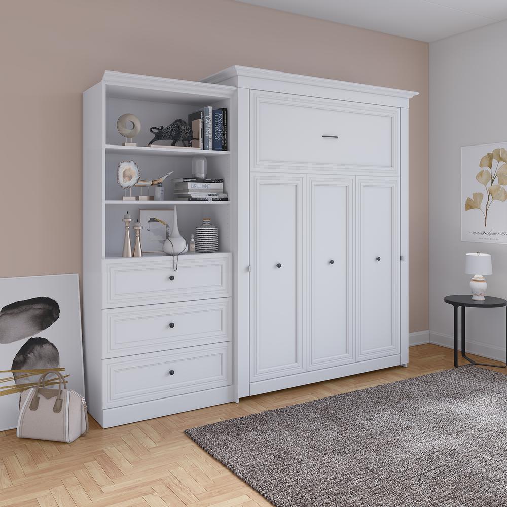 Versatile Queen Murphy Bed and Closet Organizer with Drawers (103W) in White. Picture 28