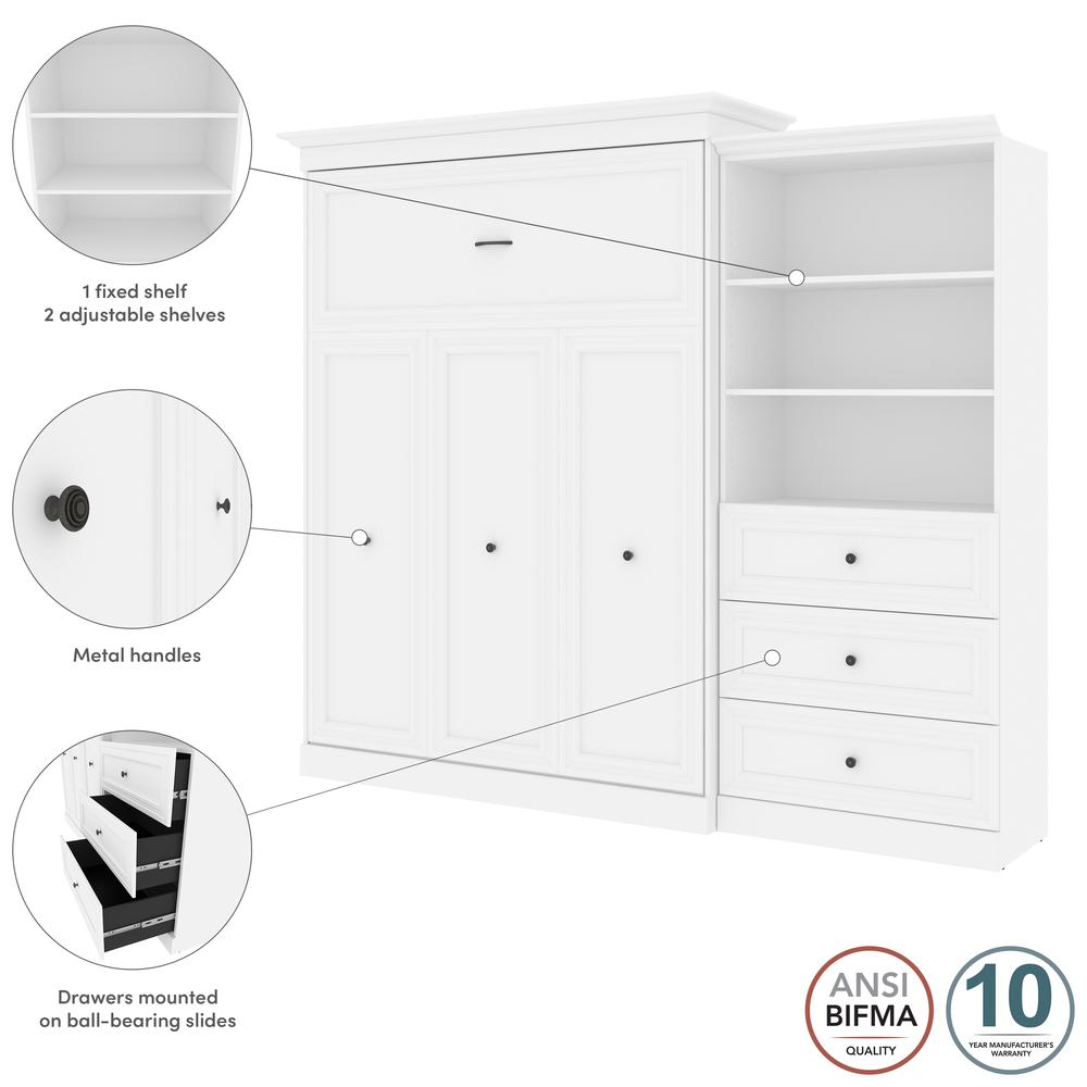 Versatile Queen Murphy Bed and Closet Organizer with Drawers (103W) in White. Picture 11