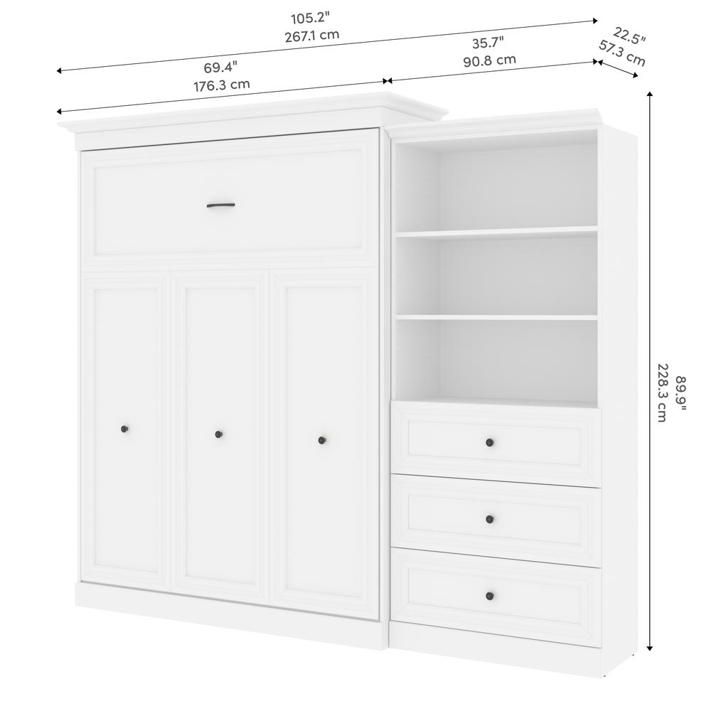 Versatile Queen Murphy Bed and Closet Organizer with Drawers (103W) in White. Picture 13