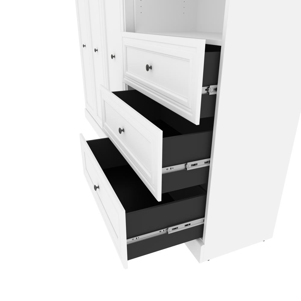 Versatile Queen Murphy Bed and Closet Organizer with Drawers (103W) in White. Picture 21