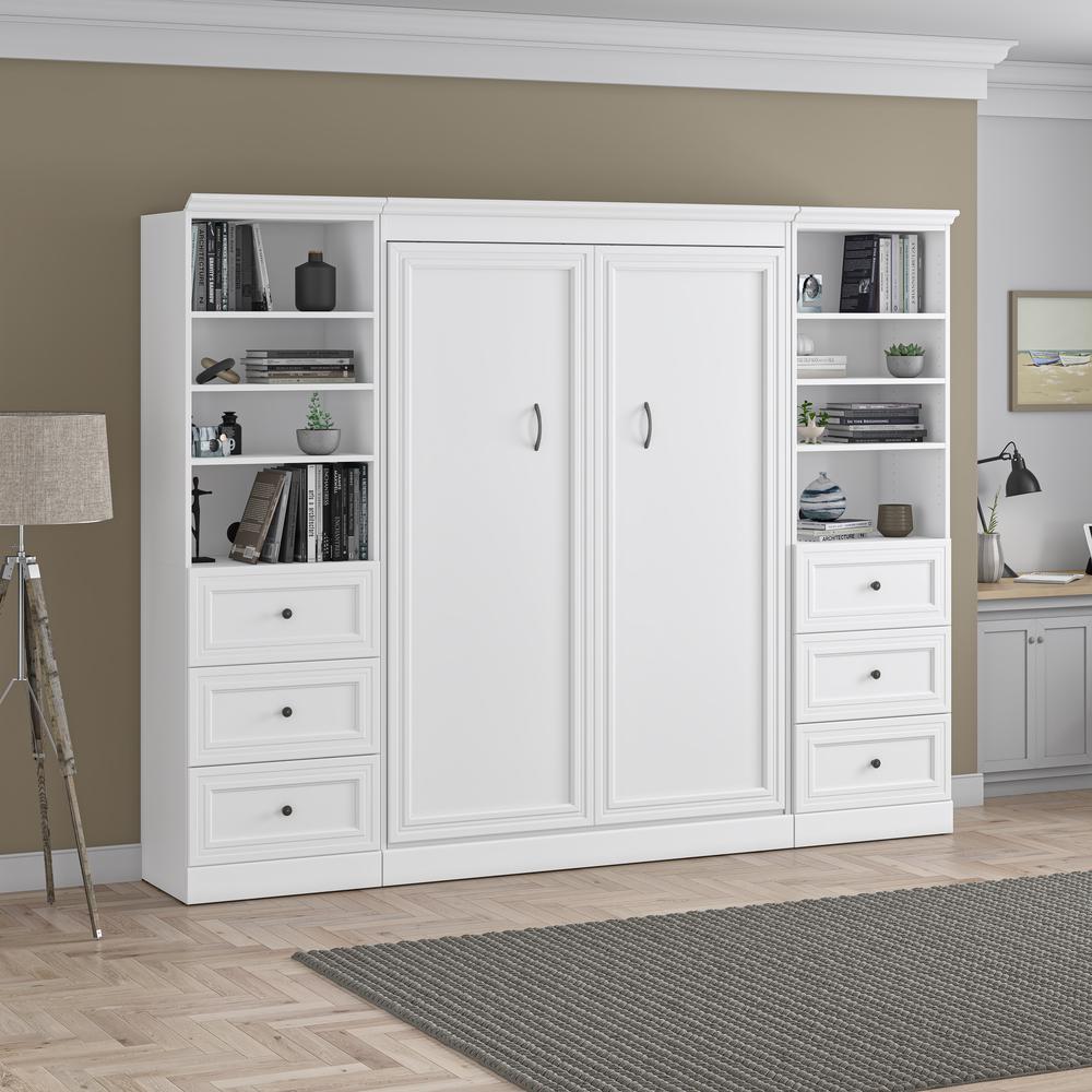 Versatile Full Murphy Bed and 2 Closet Organizers with Drawers (109W) in White. Picture 28