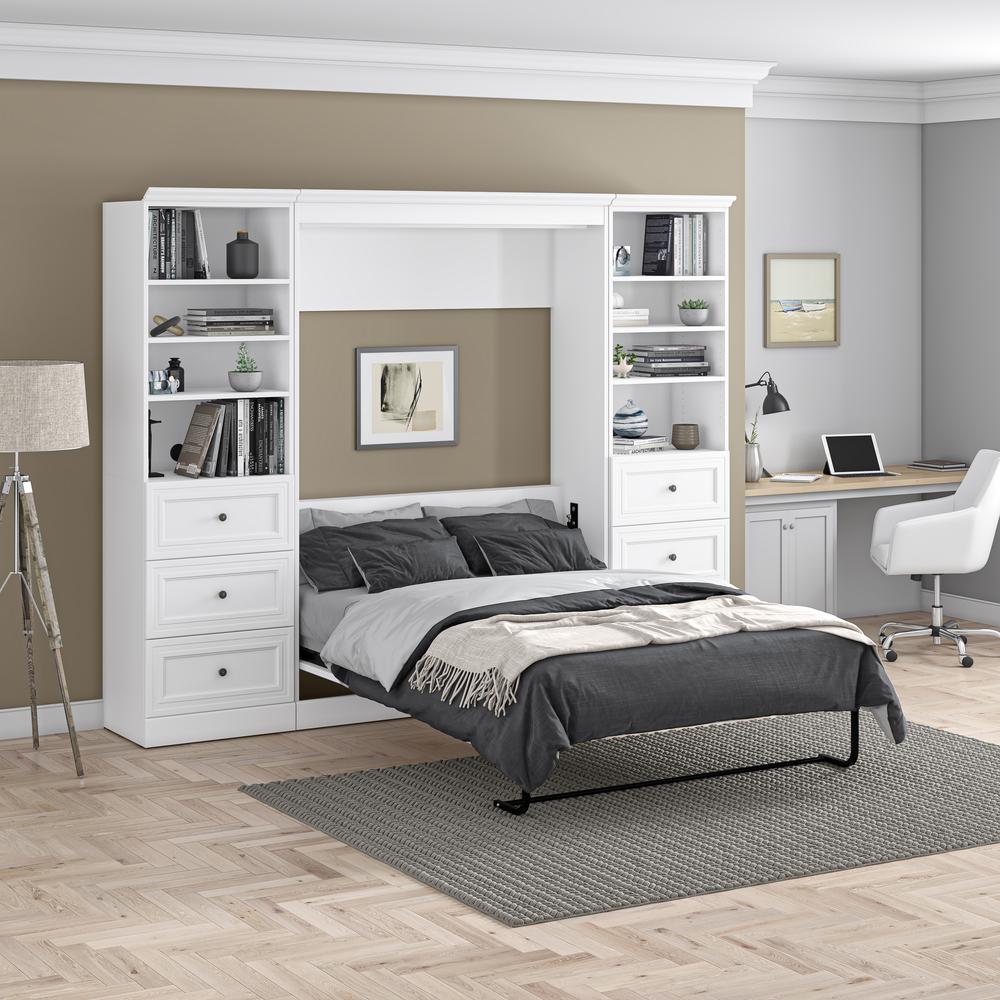 Versatile Full Murphy Bed and 2 Closet Organizers with Drawers (109W) in White. Picture 27