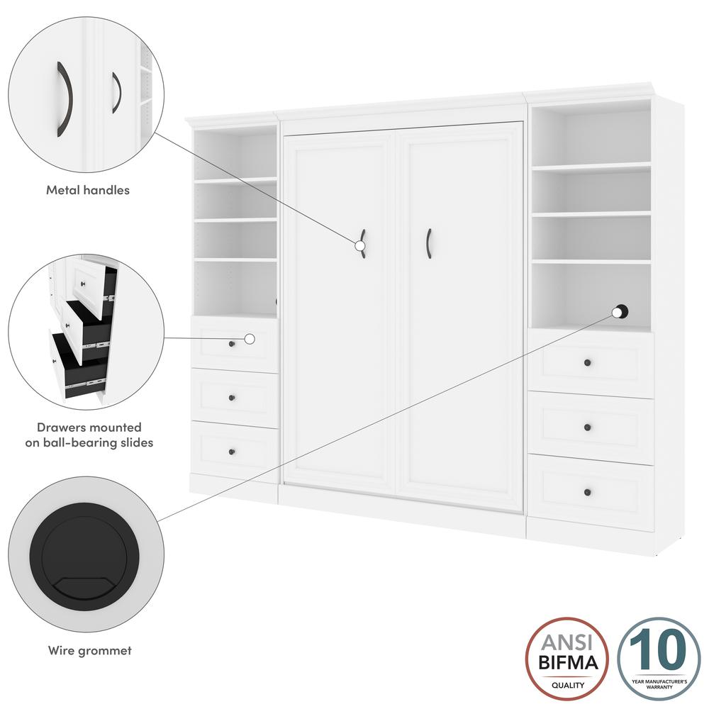 Versatile Full Murphy Bed and 2 Closet Organizers with Drawers (109W) in White. Picture 11